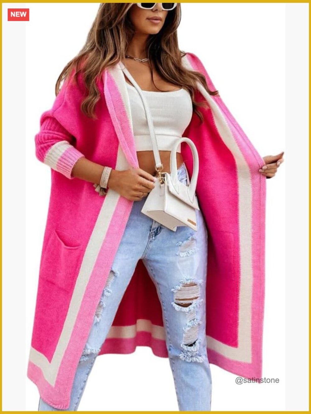 Oversized Hooded Cardigan Sweater with Pockets, Color Block Striped
